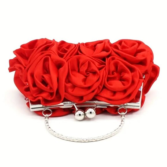 Elegant RED Satin Roses Clutch Purse w/ Rhinestone Handle & Chain Prom Wedding - Picture 8 of 9
